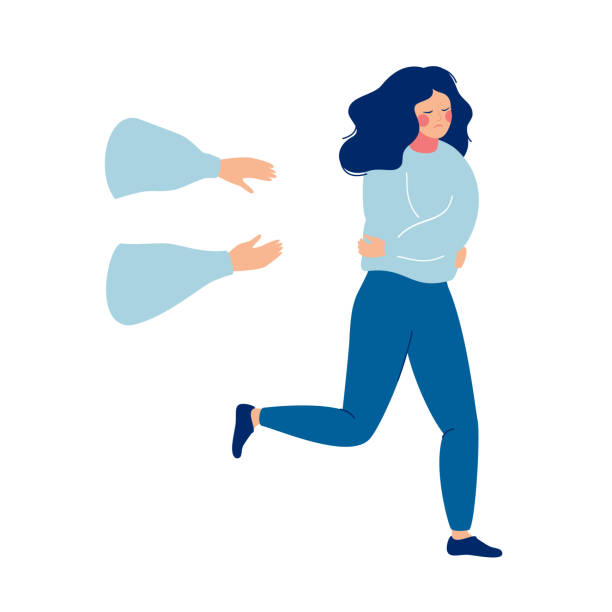 Upset and depressed young woman runs away from human hands reaching for her. Upset and depressed young woman runs away from human hands reaching for her. Concept of sexual abuse, assault, violence, psychological problem. Flat cartoon vector illustration. escaping illustrations stock illustrations