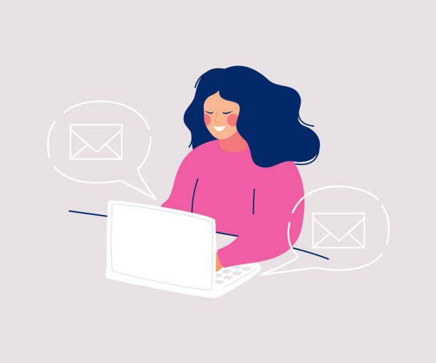 ilustraciones, imágenes clip art, dibujos animados e iconos de stock de mujer sonriente sentada en la computadora escribiendo mensajes e iconos sobres flotando en burbujas de habla a su alrededor - spam e mail marketing internet