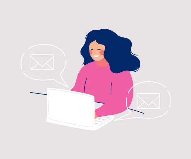 Vector illustration of Smiling woman sitting at computer writing messages and icons envelopes floating in speech bubbles around her