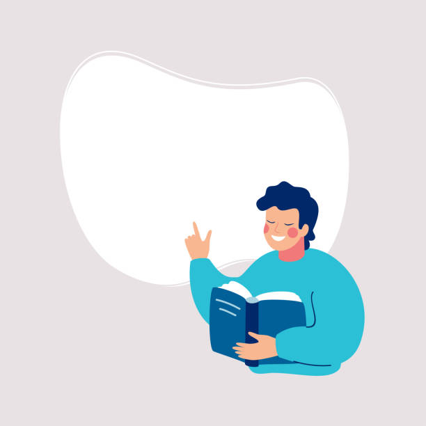 Smiling man reading a book and points to a white background for text. Smiling man reading a book and points to a white background for text. Speech bubble above. Human character vector illustration. one young man only stock illustrations