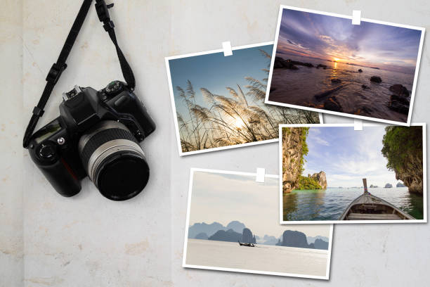 istock Old camera hanging on aged grunge vintage concrete wall with postcards 1160905570