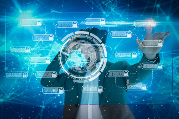 istock Young businessman in VR glasses. HUD interface and infographics.Blockchain technology concept with diagram of chain and encrypted blocks.businessman wearing virtual reality VR headset. 1160912674