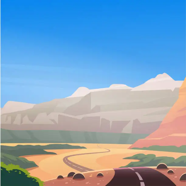 Vector illustration of Vector flat landscape illustration of wild west desert & mountain canyon nature view with clean blue sky sky.