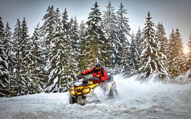 gara invernale su un atv sulla neve nella foresta. - off road vehicle 4x4 snow driving foto e immagini stock