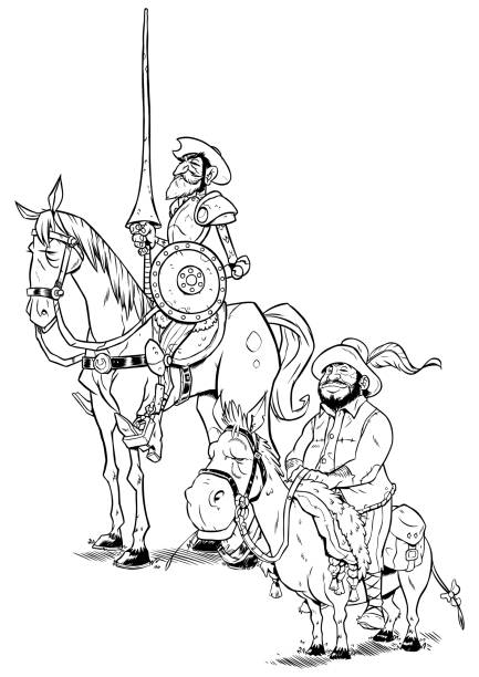 Don Quixote and Sancho Panza on White Line art illustration of Don Quixote and Sancho Panza isolated on white background. don quixote stock illustrations