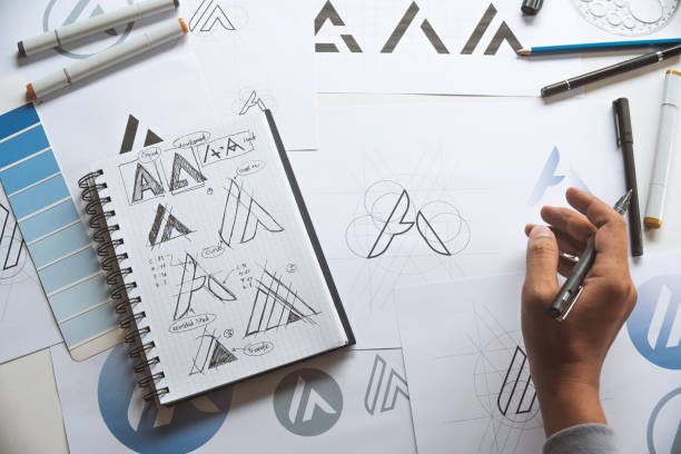 istock Graphic designer drawing sketch design creative Ideas draft Logo product trademark label brand artwork. Graphic designer studio Concept. 1160919025