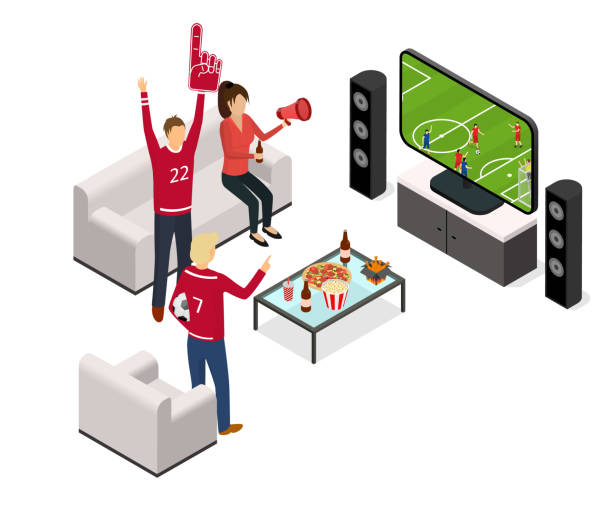 Football Fans Tv Concept Interior with Furniture Isometric View. Vector Football Fans Tv Concept Interior with Furniture Isometric View. Vector illustration of People Watching and Support Sport Competition men watching soccer game stock illustrations