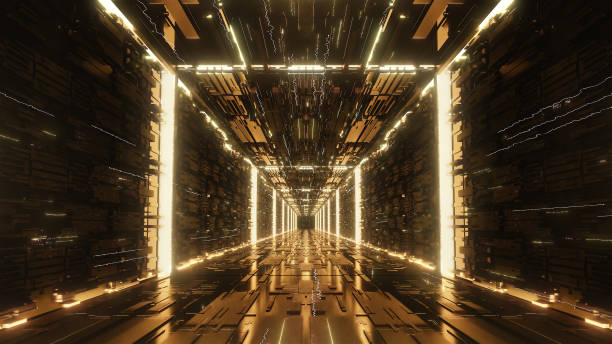 istock 3d render gold Digital futuristic neon tunnel 1160925919