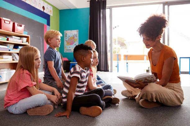 gruppe von grundschülern, die auf dem boden sitzen und der lehrerin zuhören, lesen geschichte - child reading education book stock-fotos und bilder