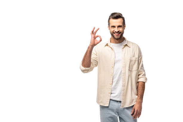 istock happy man showing ok sign Isolated On White with copy space 1160926489