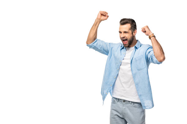 istock excited man cheering with clenched fists Isolated On White 1160926491