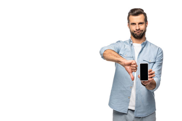 istock man showing smartphone with blank screen and thumb up sign Isolated On White 1160926572