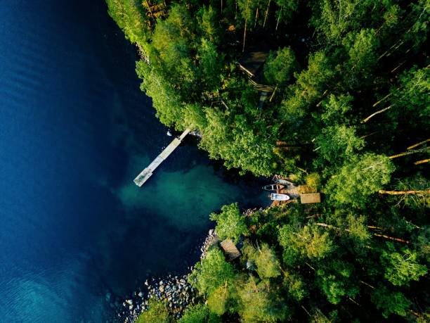 vista aérea da floresta verde, do lago azul e do cais de madeira com os barcos em finlandia. - pier rowboat fishing wood - fotografias e filmes do acervo