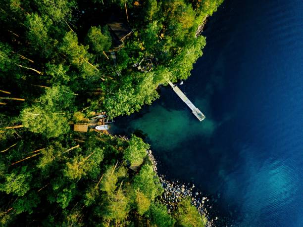 vista aérea del bosque verde, lago azul y muelle de madera con barcos en finlandia. - pine wood forest river fotografías e imágenes de stock