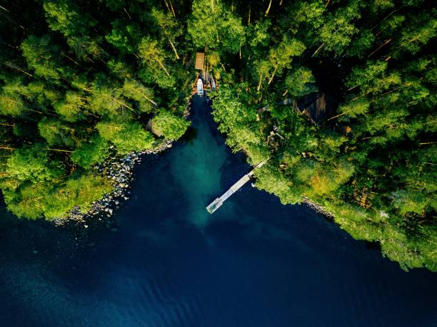 aerial view of green forest, blue lake and wooden pier with boats in finland. - finland sauna lake house imagens e fotografias de stock