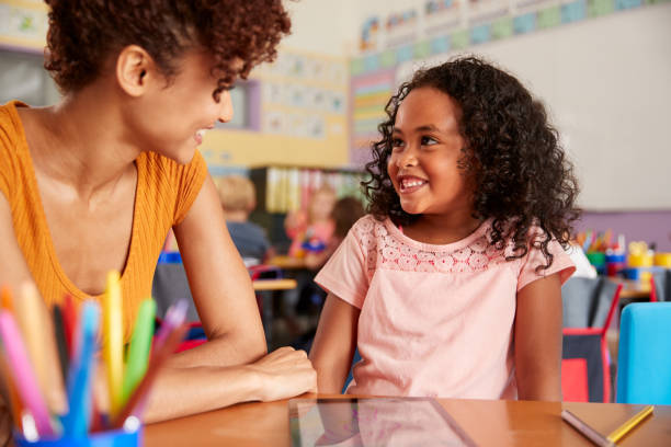 istock Elementary School Teacher And Female Pupil Drawing Using Digital Tablet In Classroom 1160928600