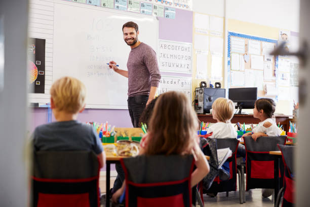 istock Male Teacher Standing At Whiteboard Teaching Maths Lesson To Elementary Pupils In School Classroom 1160928742