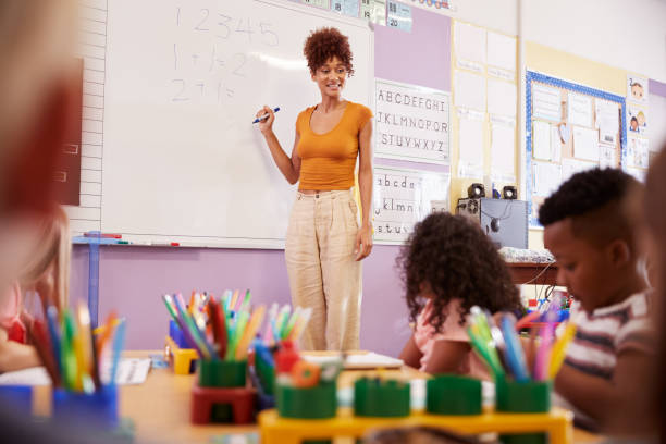 istock Female Teacher Standing At Whiteboard Teaching Maths Lesson To Elementary Pupils In School Classroom 1160928913