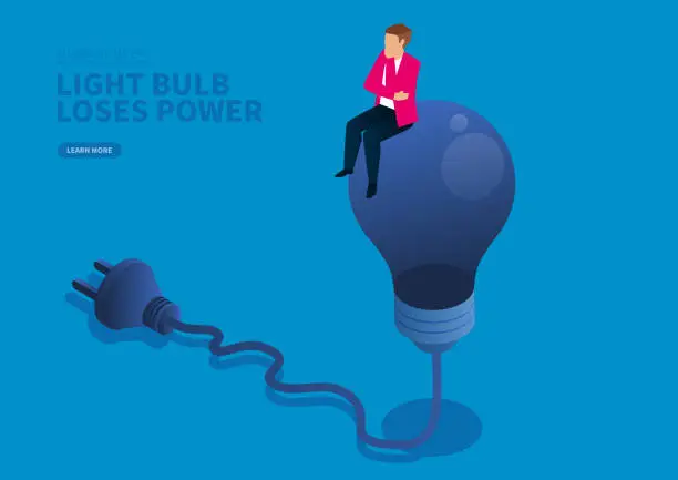 Vector illustration of Businessman sitting on a bulb losing power