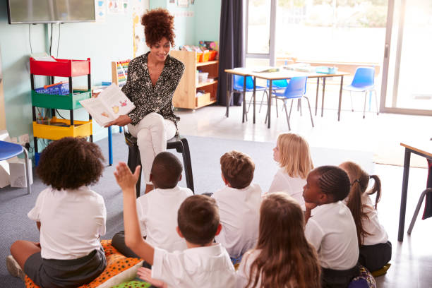 istock Elementary Pupil Wearing Uniform Raises Hand To Answer Question As Female Teacher Reads Book 1160930577