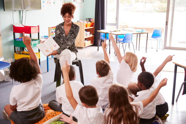 istock Elementary Pupils Wearing Uniform Raise Hands To Answer Question As Female Teacher Reads Book 1160930707