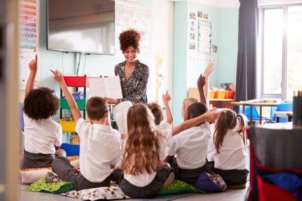 istock Elementary Pupils Wearing Uniform Raise Hands To Answer Question As Female Teacher Reads Book 1160932636