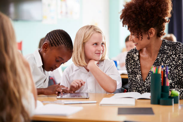 istock Female Teacher With Two Elementary School Pupils Wearing Uniform Using Digital Tablet At Desk 1160932804