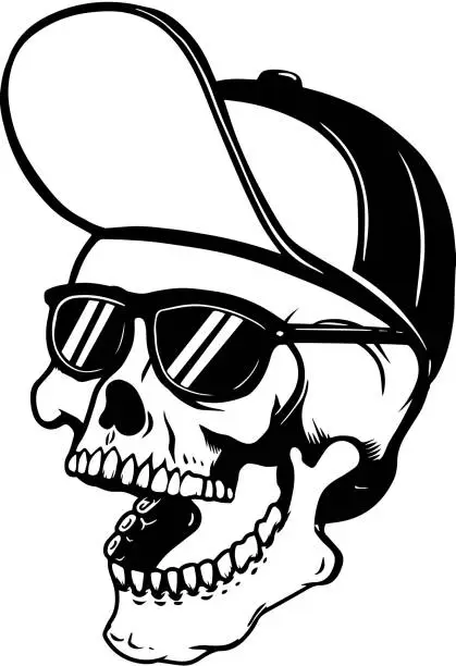 Vector illustration of Skull in baseball cap and sun glasses. Design element for poster, t shirt, card, banner, emblem, sign. Vector illustration
