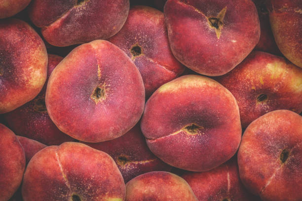 桃が撮影したフルフレームのドーナツ桃またはフラットサターン桃クローズアップ背景。トーン - パラグアイ ストックフォトと画像