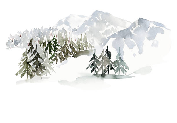 ilustraciones, imágenes clip art, dibujos animados e iconos de stock de paisaje de acuarela de invierno navideño con montañas y árboles - evergreen tree pine tree painted image watercolour paints