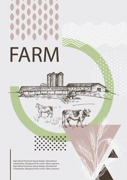 Vector illustration of Country landscape. Abstract composition. Cows, barn and grain elevator.