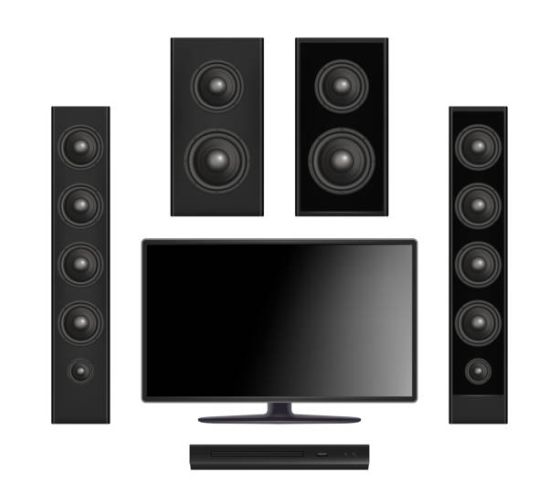 istock Screen tv. Flat plasma multimedia video system with console and sound speaker digital monitor vector realistic 1160943487