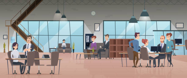 Open office interior. Business people workspace corporate working characters vector modern office Open office interior. Business people workspace corporate working characters vector modern office. Illustration of office interior workspace, business employee coworking corporate office cubicle stock illustrations