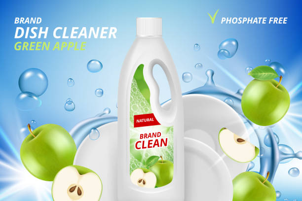 Dishware cleaner. Cleaning and washing ceramic plates vector advertizing placard with place for text Dishware cleaner. Cleaning and washing ceramic plates vector advertizing placard with place for text. Dishware cleaner detergent, hygiene for dish illustration free chore backgrounds stock illustrations