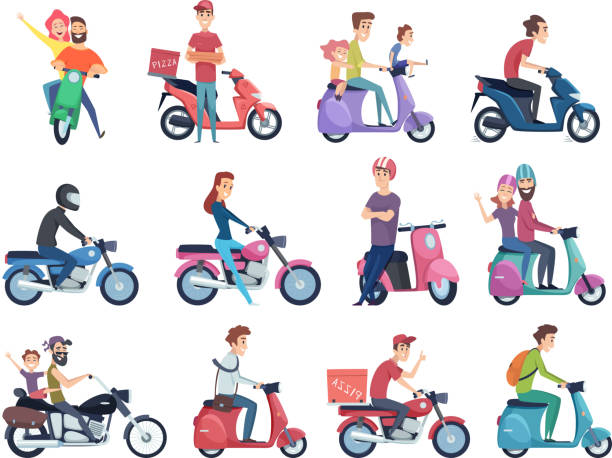 Motorcycle riders. Male and female drivers in helmet on bike fast courier characters vector pictures collection Motorcycle riders. Male and female drivers in helmet on bike fast courier characters vector pictures collection. Motorcycle driver courier, bike scooter delivery, moped deliver illustration image computer graphic little boys men stock illustrations