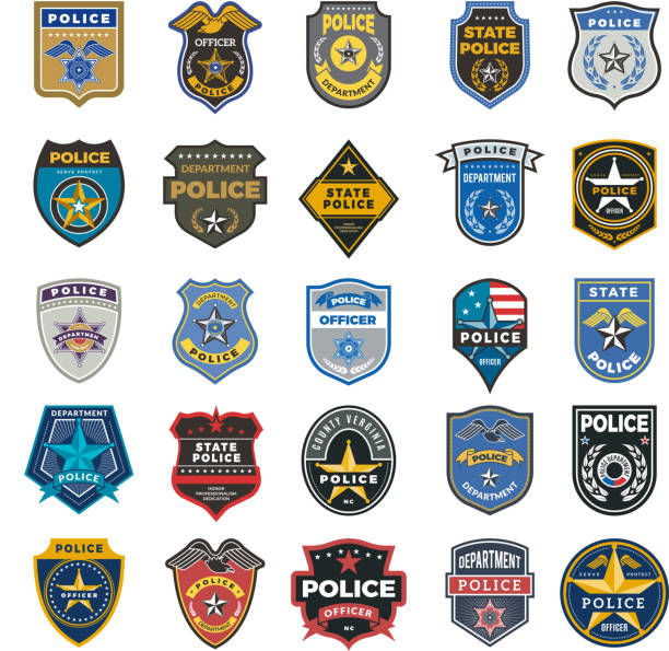 ilustraciones, imágenes clip art, dibujos animados e iconos de stock de insignias de la policía. oficial de seguridad de agente federal firma y símbolos de logotipo de vector de protección policial - sheriff