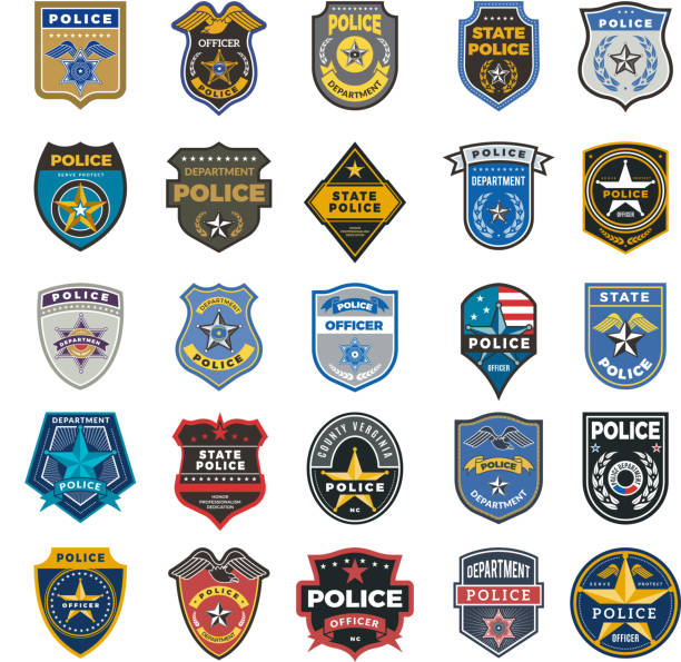 Police badges. Officer security federal agent signs and symbols police protection vector logo Police badges. Officer security federal agent signs and symbols police protection vector logo. Illustration of federal police, policeman insignia, officer badge government patterns stock illustrations