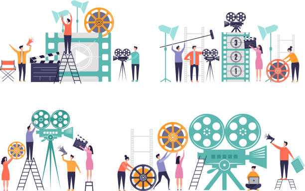 Movie production concept. Flat characters making films video camera clapboard filming person vector colored backgrounds Movie production concept. Flat characters making films video camera clapboard filming person vector colored backgrounds. Production video and movie, film making entertainment illustration film crew icon stock illustrations