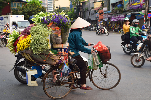 Hanoi, Vietnam, March 31th 2019: A vietnamese woman sells flowers and uses her bicycle to transport them, in the Old Quarter area in Hanoi.
