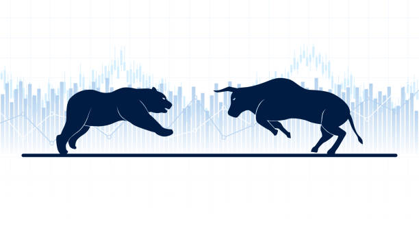 ilustraciones, imágenes clip art, dibujos animados e iconos de stock de gráfico financiero abstracto con toros y oso en el mercado de valores sobre fondo de color blanco - stock market bull bull market bear