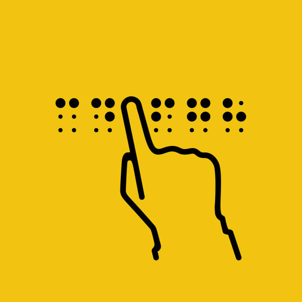 Blind reading black icon Blind reading black icon. Braille language. Finger of the person drives on points. Letters for blind people. Vector illustration flat design. Isolated on white background. Blind reading text. visual sense stock illustrations