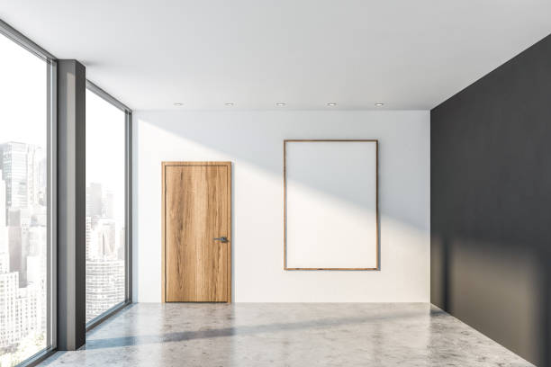 Empty white and gray loft room, door and poster