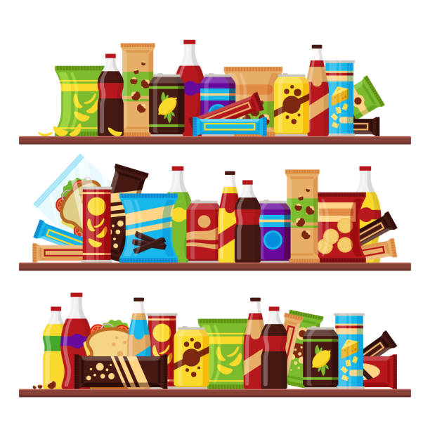 Snack product set on the shelves, colorful fast food snacks drinks nuts chips cracker juice sandwich chocolate isolated on white backgroun Snack product set on the shelves, colorful fast food snacks drinks nuts chips cracker juice sandwich chocolate isolated on white background. cold drink illustrations stock illustrations