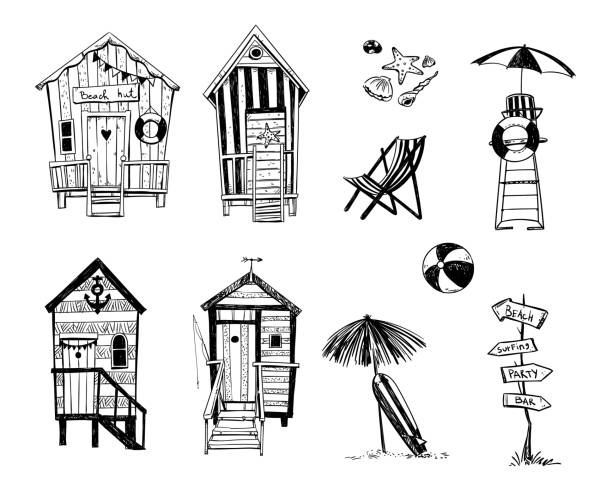 illustrazioni stock, clip art, cartoni animati e icone di tendenza di capanne sulla spiaggia in mare, insieme di icone della vita sulla spiaggia, schizzo vettoriale. - capanna