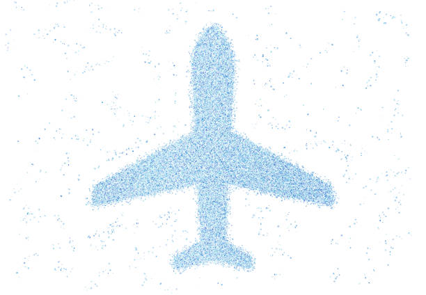 Airplane icon made of blue dots on white background