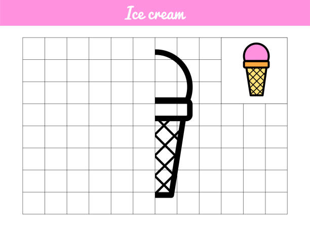 Ice cream Waffle cup with ball. Copy the picture along the grid line. Vector coloring book for educational game. Illustration with a simple picture for the youngest children. Ice cream Waffle cup with ball. Copy the picture along the grid line. Vector coloring book for educational game. Illustration with a simple picture for the youngest children. With a sample for painting frozen coloring pages stock illustrations