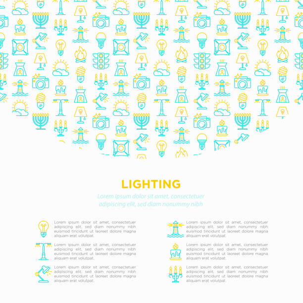 얇은 라인 아이콘 조명 개념 : 전구, led, cfl, 촛불, 테이블 램프, 햇빛, 스포트라이트, 플래시, 칸데라브룸, 모닥불, 메노라, 등대. 현대 벡터 일러스트레이션, 인쇄 미디어 템플릿. - night table flash stock illustrations