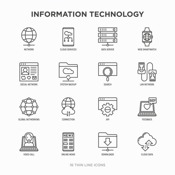 illustrations, cliparts, dessins animés et icônes de ensemble d'icônes de ligne mince de technologie de l'information : réseau social, sauvegarde de système, recherche, réseau lan, connexion, api, feedback, appel vidéo, nouvelles en ligne, téléchargements, données cloud. illustration moderne de vecte - wireless technology voip internet network connection plug