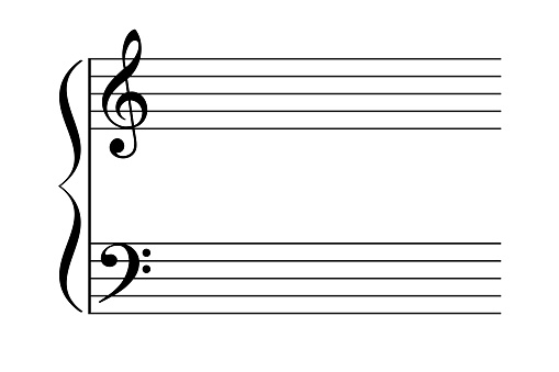 Grand staff, also great stave. Two staves are joined by brace to be played by one performer on a keyboard instrument or harp. Typically with treble clef and bass clef. Illustration over white. Vector.