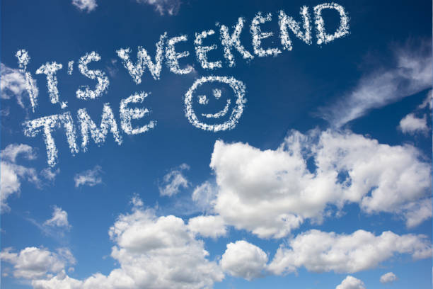 It’s weekend time, clouds world on clear blue sky stock photo